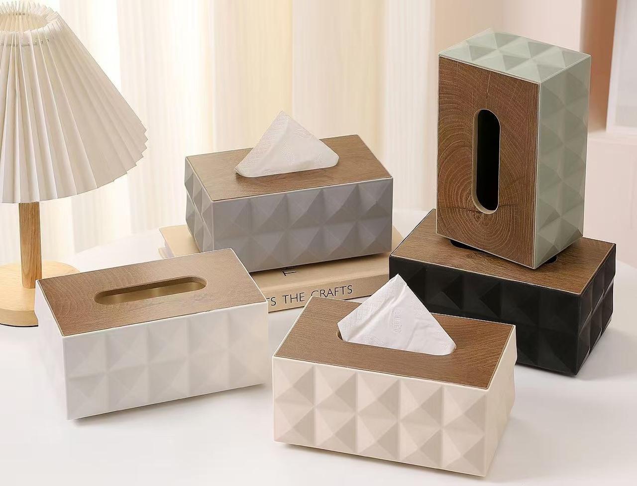 LuxeDiamond Tissue Box Cover – Modern Wood Top