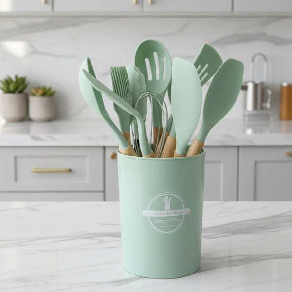 Mint Green Kitchen Utensil Set – 12 Pieces with Holder