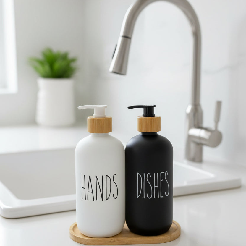 Two soap dispensers, one labeled 'HANDS' and the other 'DISHES', on a wooden stand with a white background.