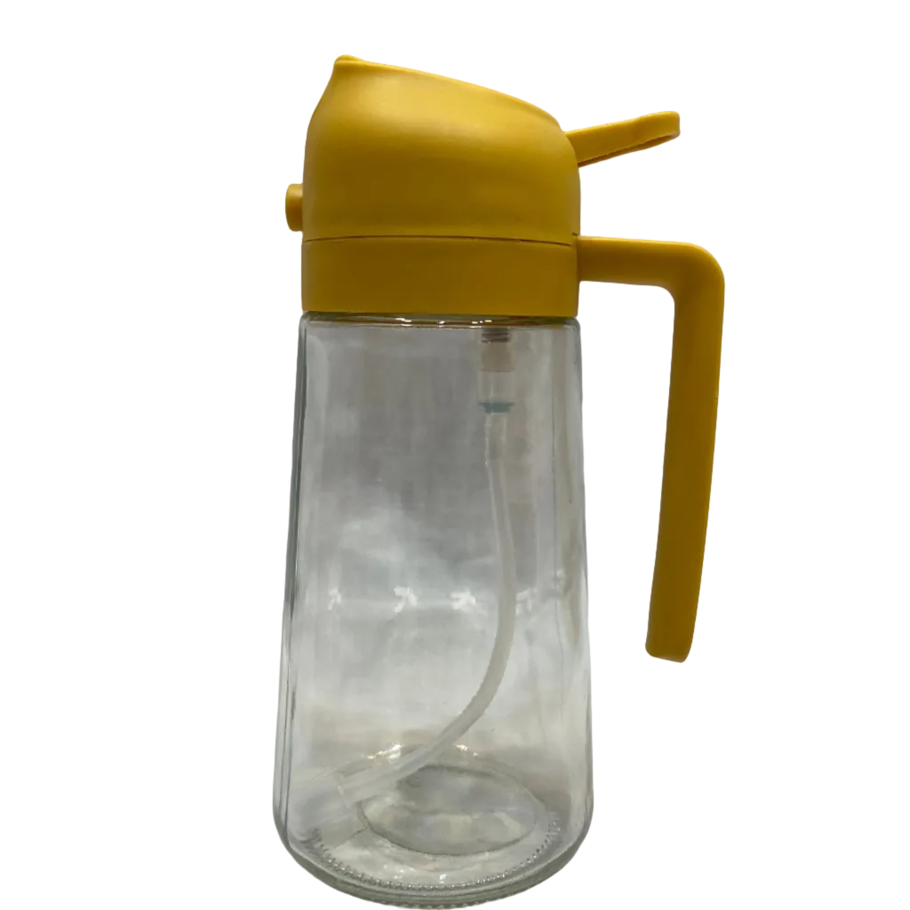 Clear glass bottle with yellow lid and handle on a textured gray background