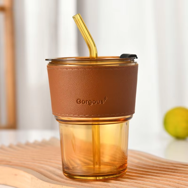 Transparent Round Glass Cup Tumbler with Lid and Straw Sleeve